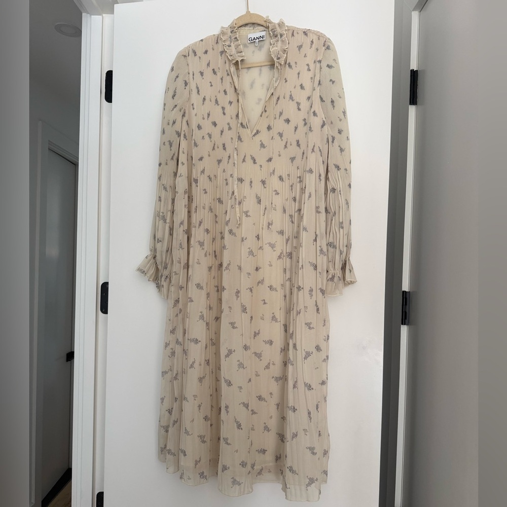 Ganni Cream Floral Pleated Midi Dress